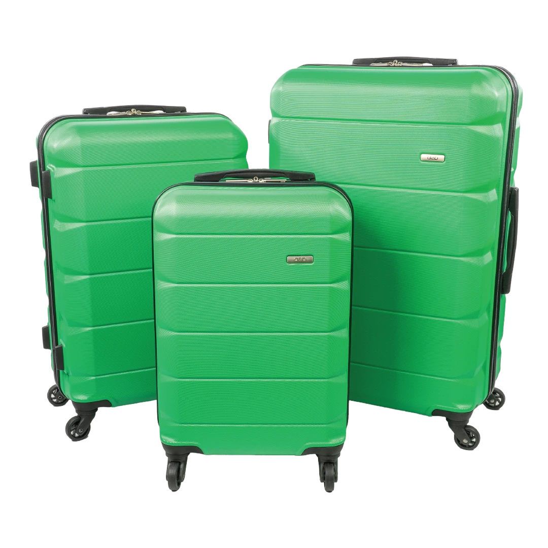 Three-piece green hardshell spinner luggage set with black trim and handles on a white background.