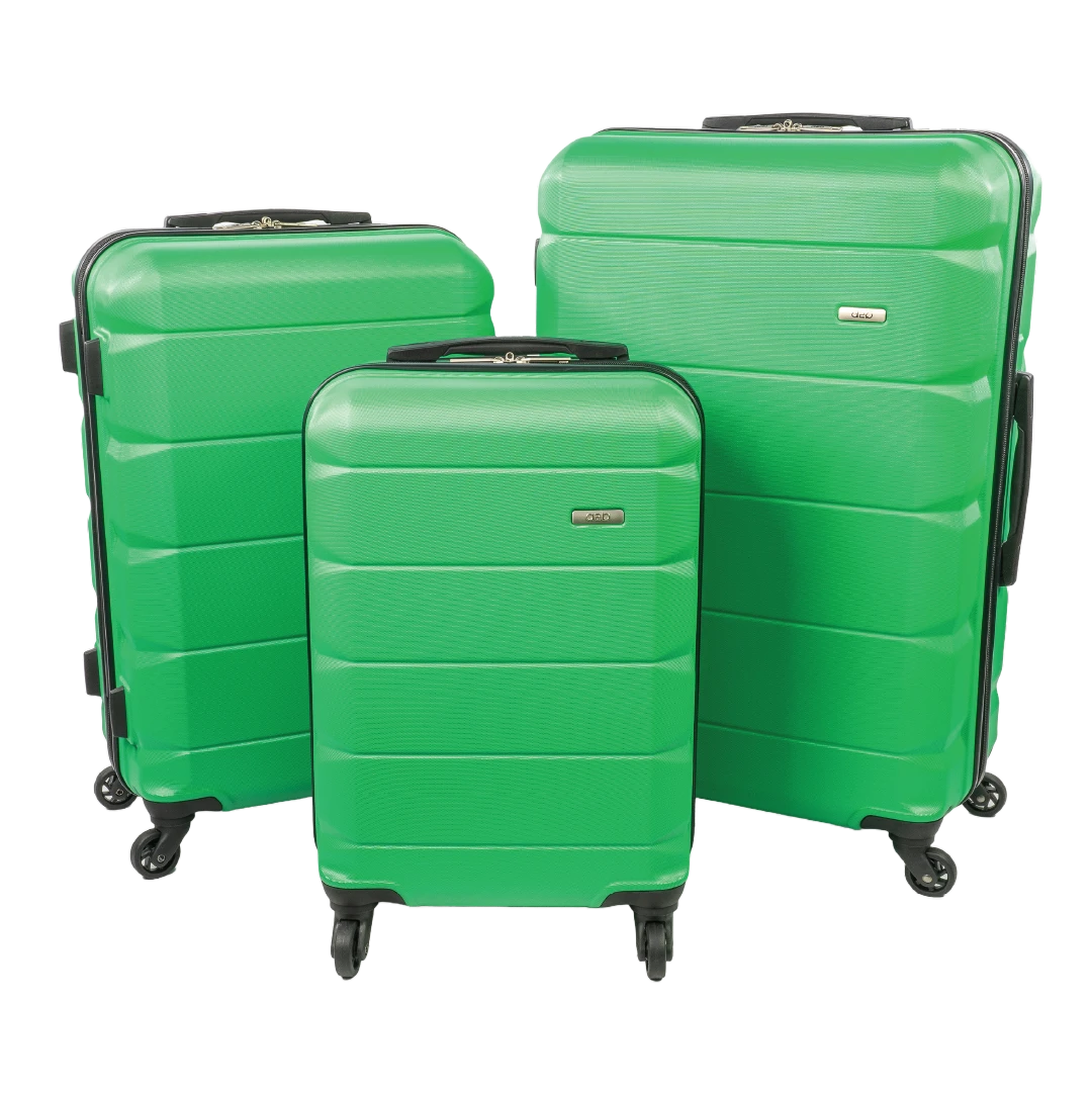 Three-piece green hardshell spinner luggage set with black trim and handles on a white background.