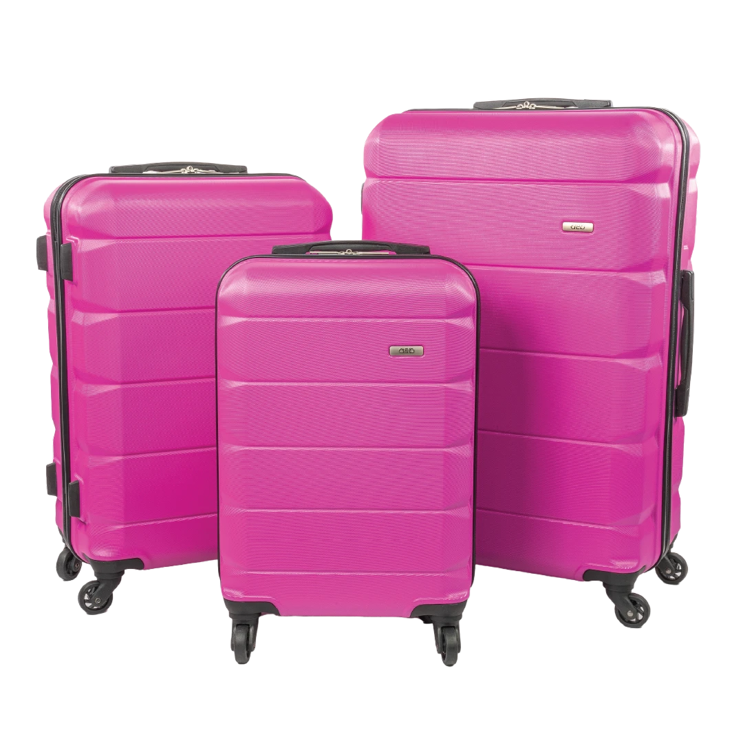 Three-piece hardshell spinner luggage set in vibrant pink, featuring a small carry-on, a medium suitcase, and a large checked suitcase on a plain white background.