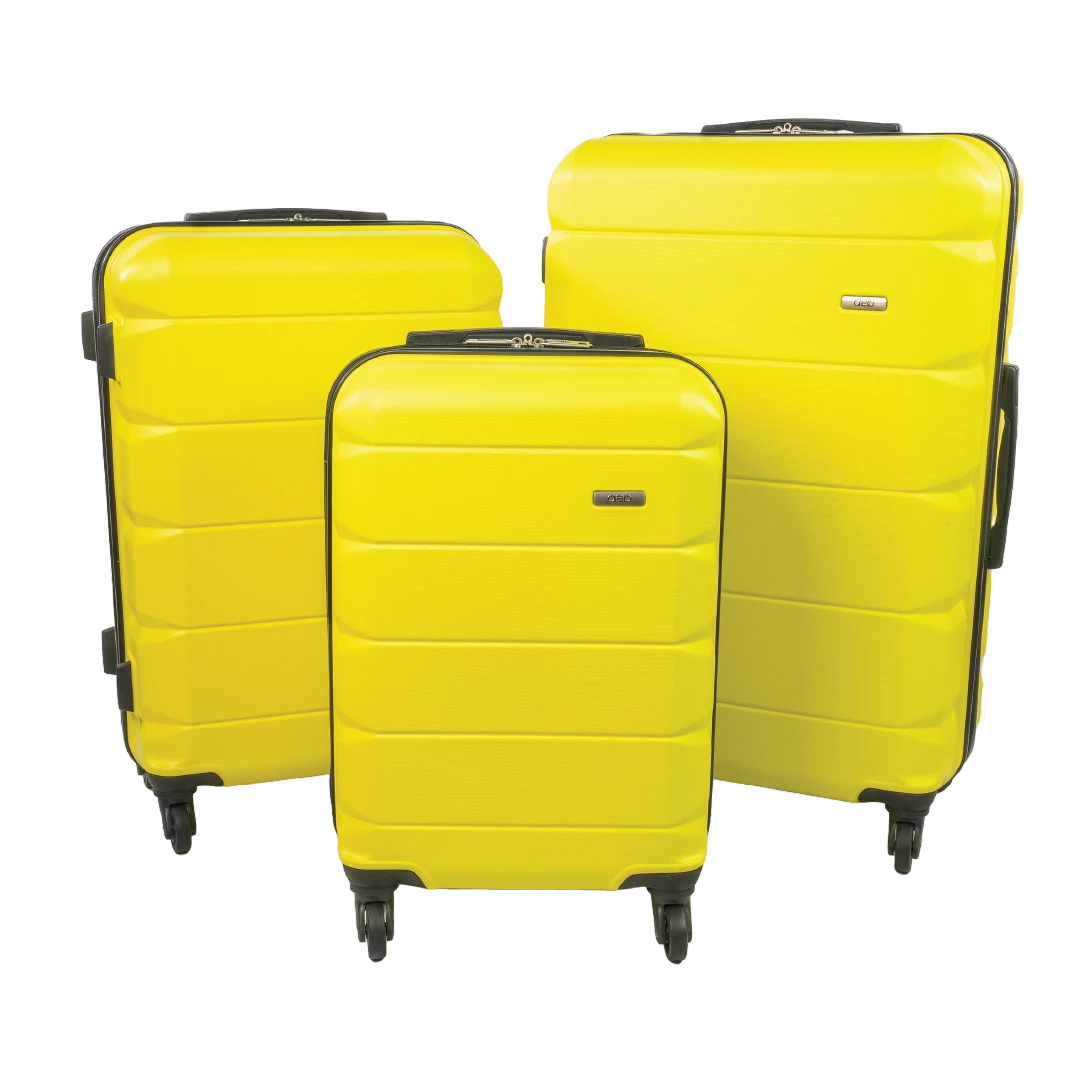 Three-piece yellow hardshell spinner luggage set with black trim and handles, shown on a plain white background.