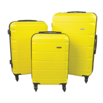 Three-piece yellow hardshell spinner luggage set with black trim and handles, shown on a plain white background.