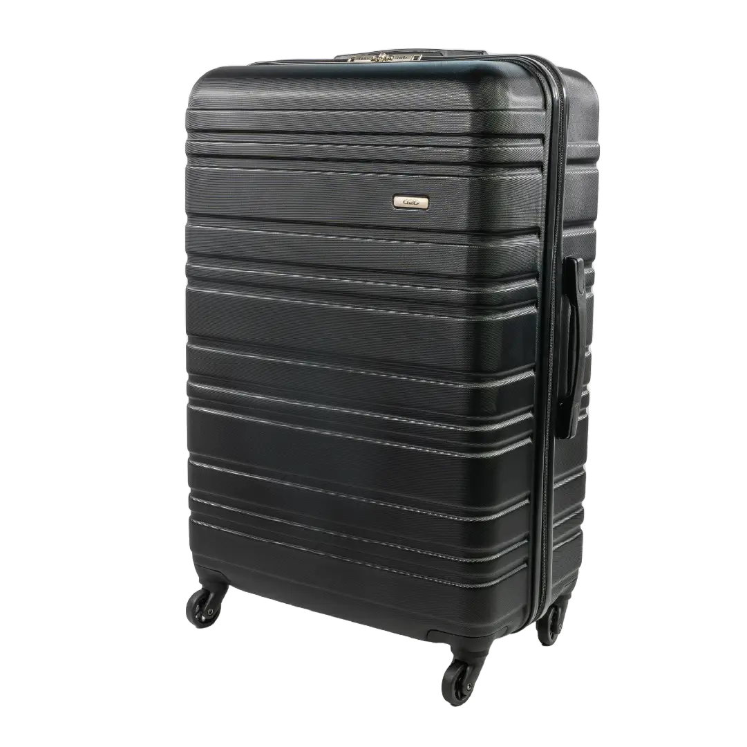 Black suitcase with a visible brand logo on a white background