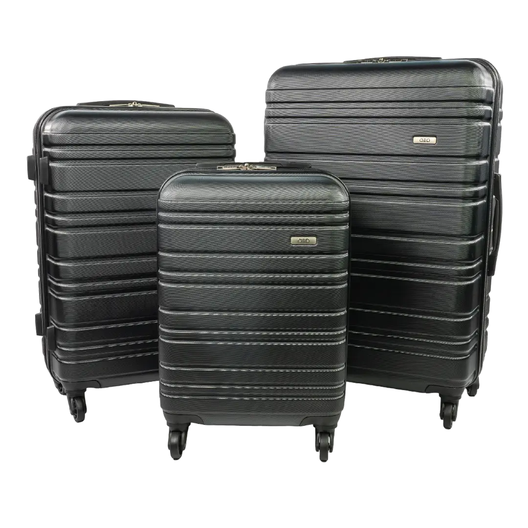 Three-piece black hardshell spinner luggage set with a textured wavy pattern and silver brand badges, shown on a plain white background.