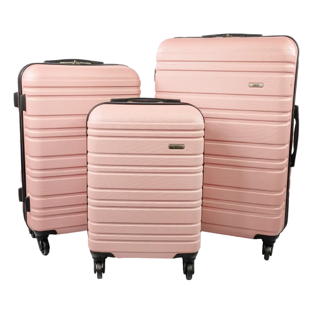 Three-piece pink hardshell spinner luggage set with a textured finish, shown on a solid white background.