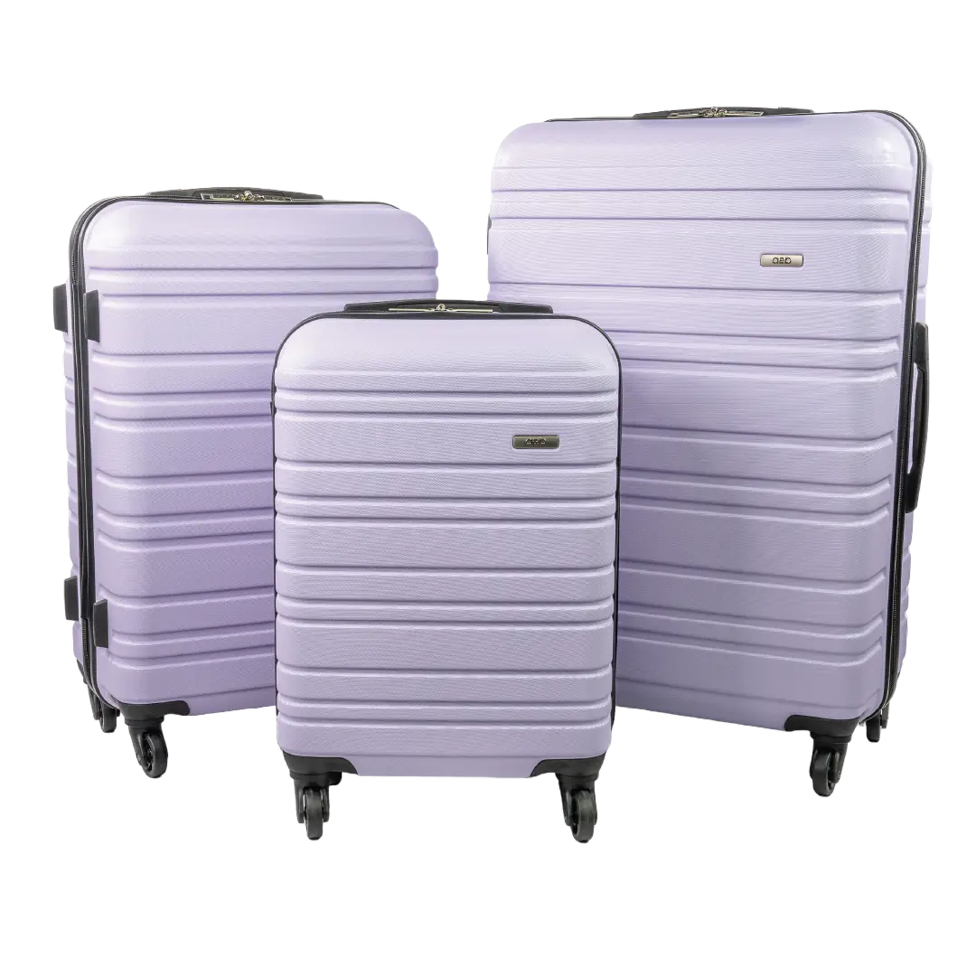 Three-piece lavender purple hardshell luggage set with spinner wheels, shown on a clean white background.