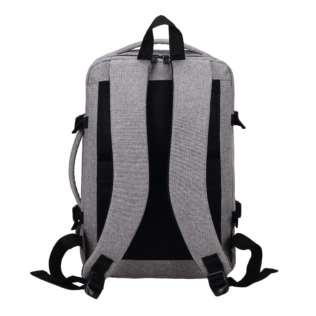 Gray backpack with black straps on a white background