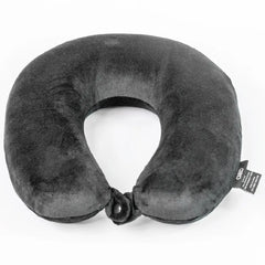 Gray travel neck pillow with a visible brand tag on a white background