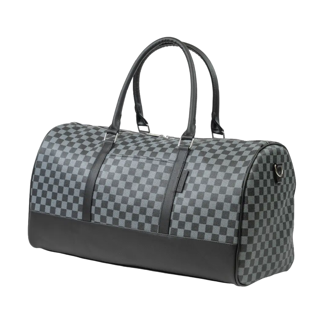 Checkered duffel bag with black accents on a white background