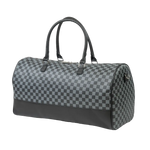 Gray checkered duffel bag with black accents on a white background