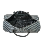 Gray and black checkered duffel bag with open top on a white background