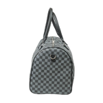 Gray checkered duffel bag with a visible brand logo on a white background