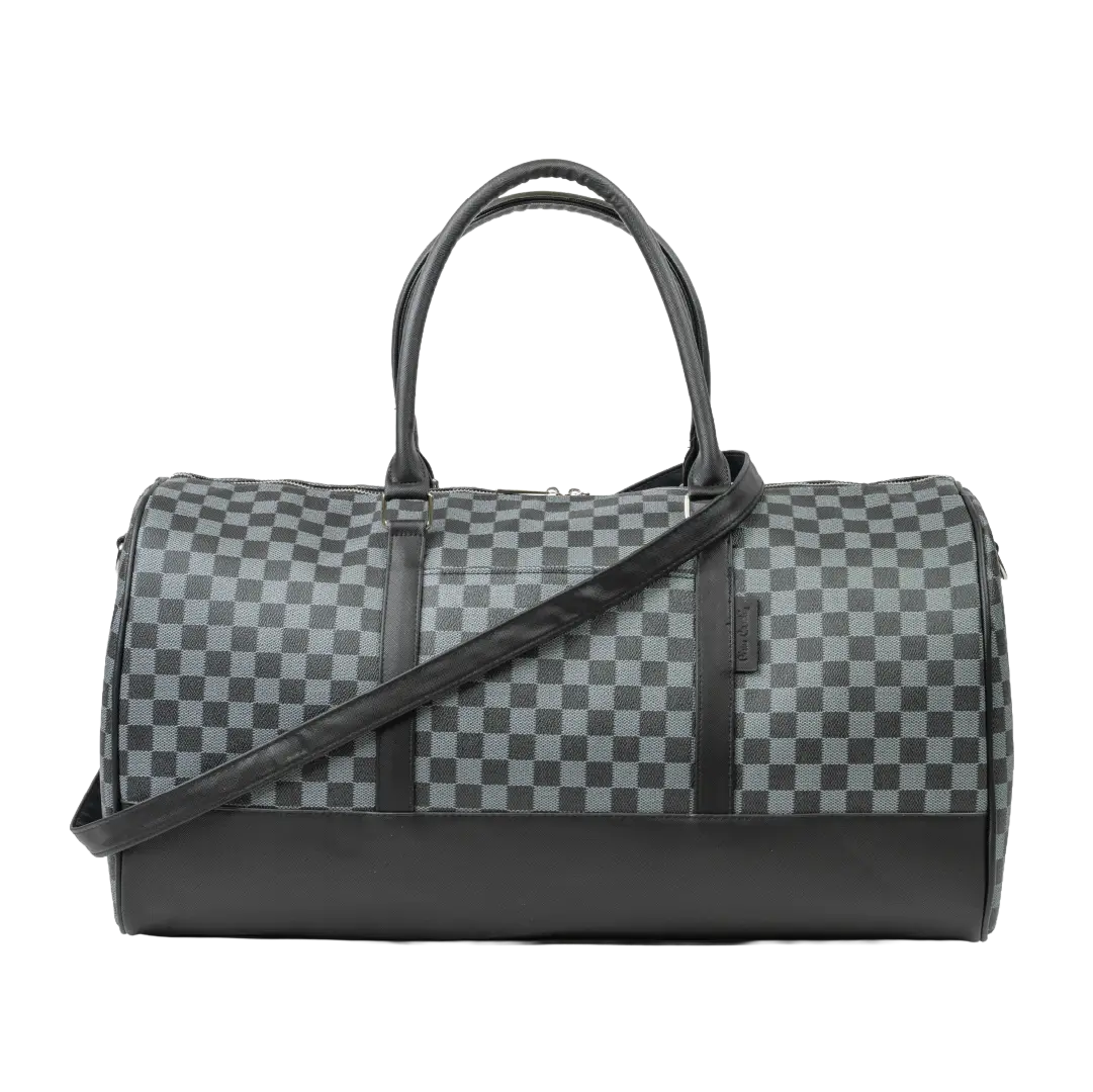 Checkered duffel bag with black accents on a white background