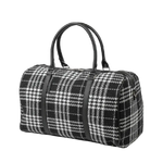 Black and white plaid duffel bag with black straps on a white background