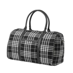 Black and white checkered duffel bag with black straps on a white background