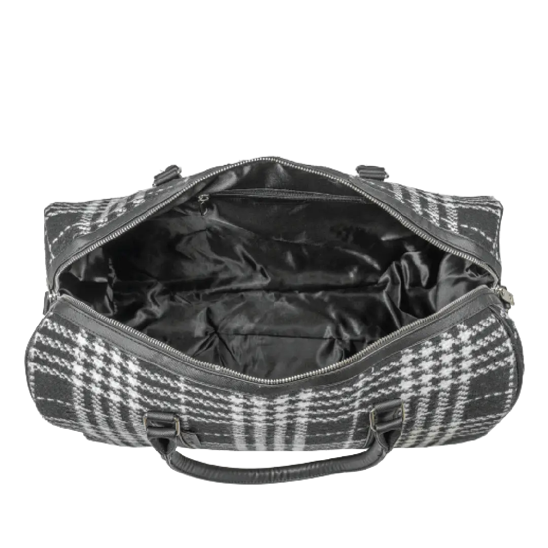 Black and white checkered duffel bag with open top on a white background