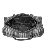 Black and white checkered duffel bag with open top on a white background