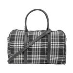 Black and white plaid handbag with a shoulder strap on a white background