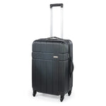 Black suitcase with wheels and handle on a white background