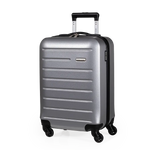 Silver suitcase with black wheels on a white background