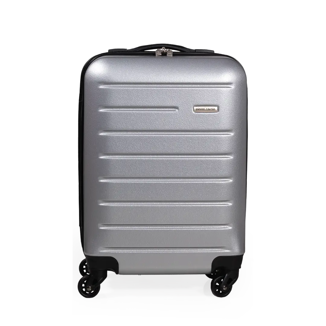 Silver suitcase with black wheels on a white background