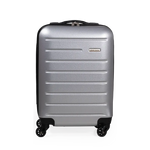 Silver suitcase with black wheels on a white background