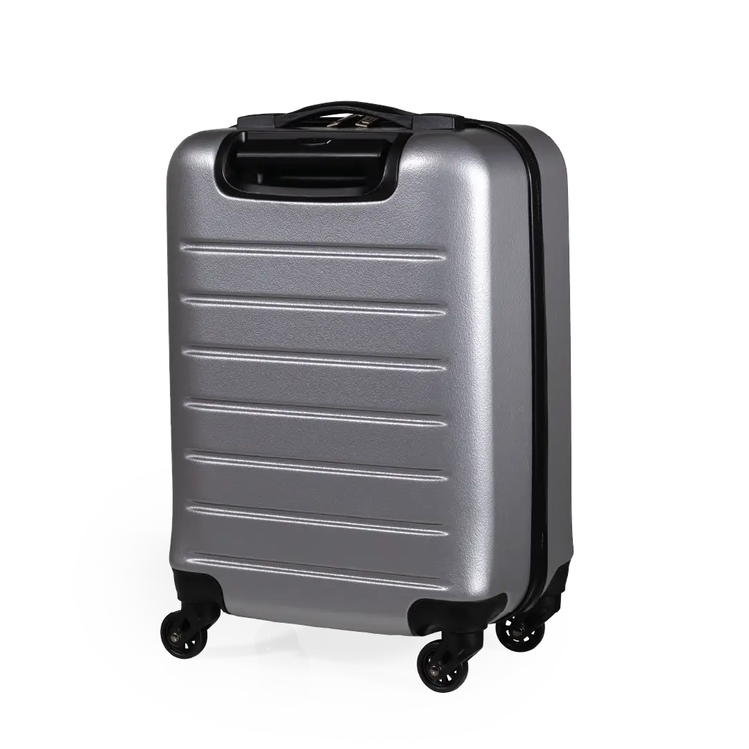 Silver suitcase with black wheels on a white background