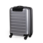 Silver suitcase with black wheels on a white background