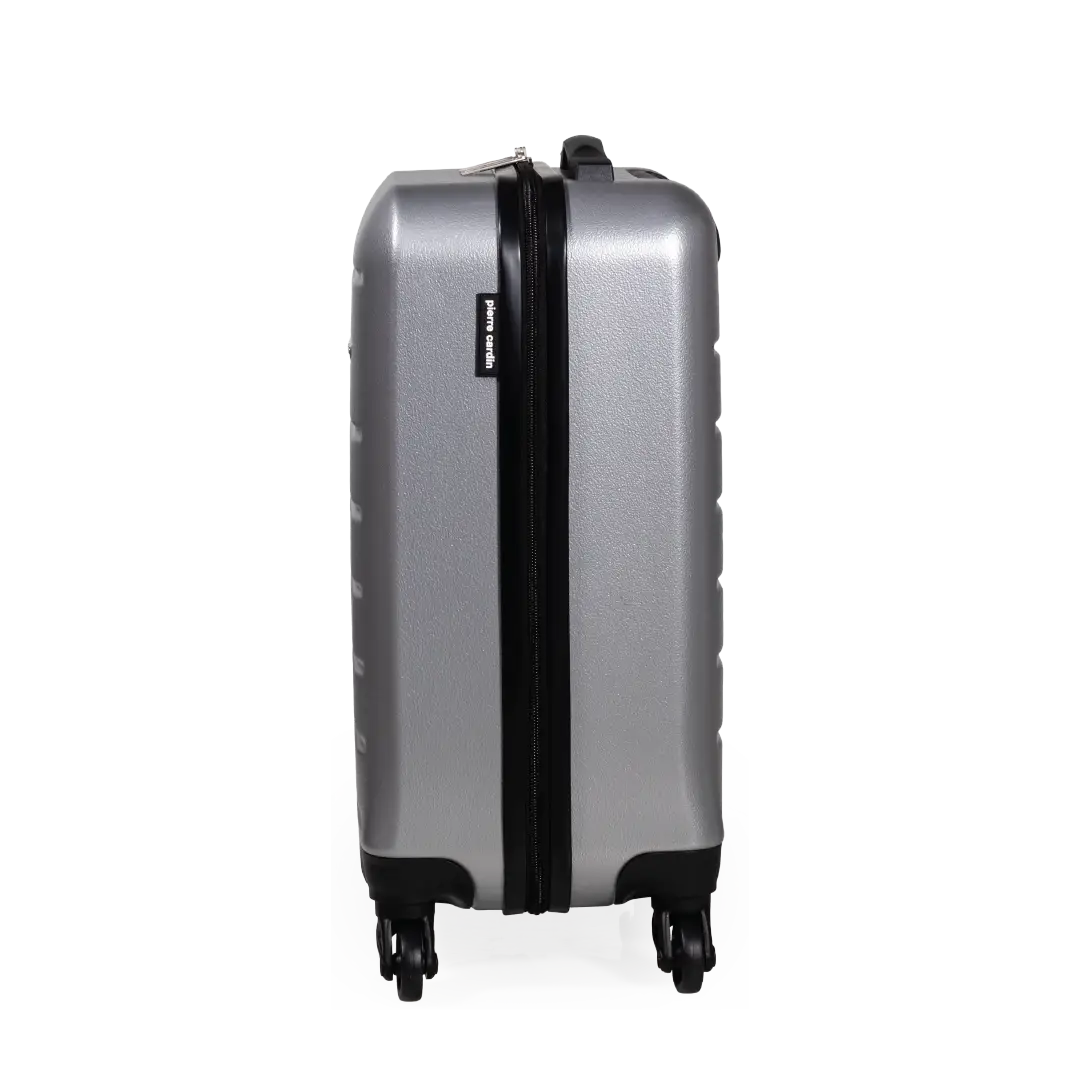 Silver suitcase with black zipper on a white background