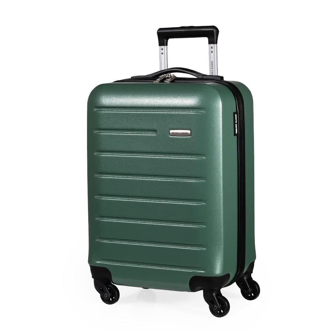 Green suitcase with black wheels and handle on a white background