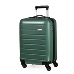 Green suitcase with black wheels and handle on a white background