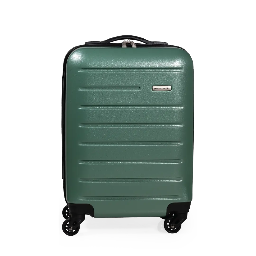 Green suitcase with a visible brand logo on a white background