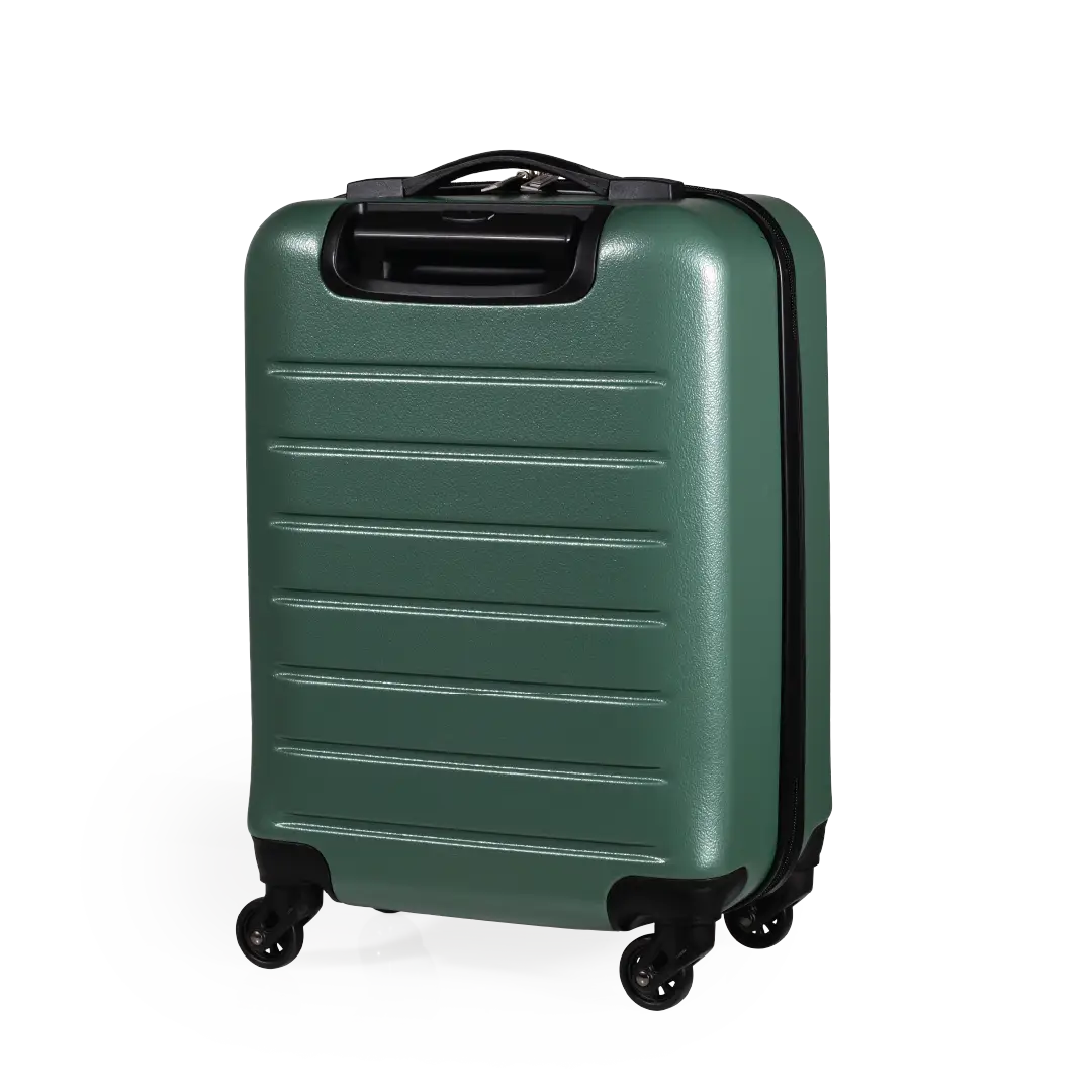 Green suitcase with black wheels on a white background