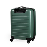 Green suitcase with black wheels on a white background