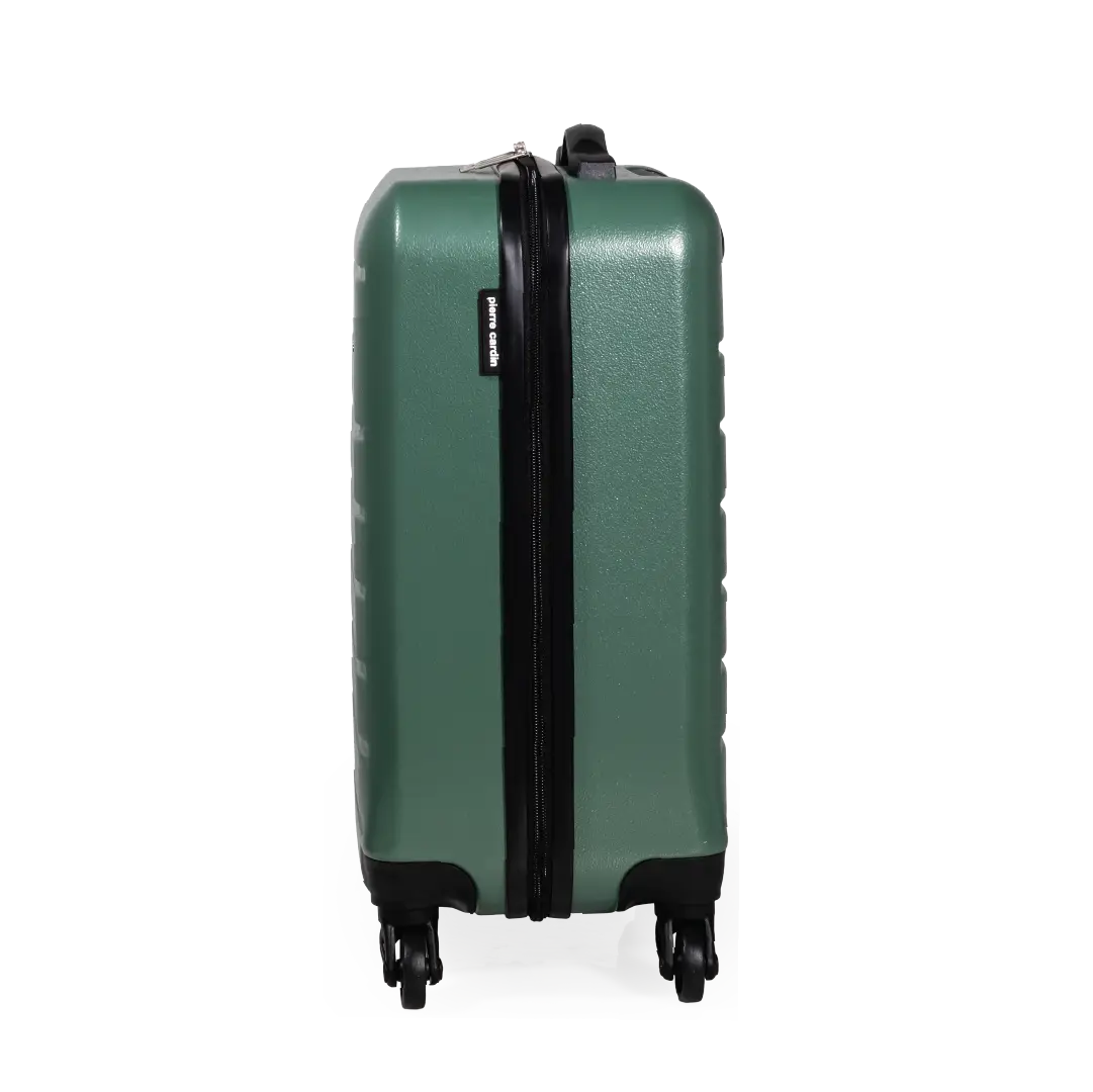 Green suitcase with a black zipper on a white background