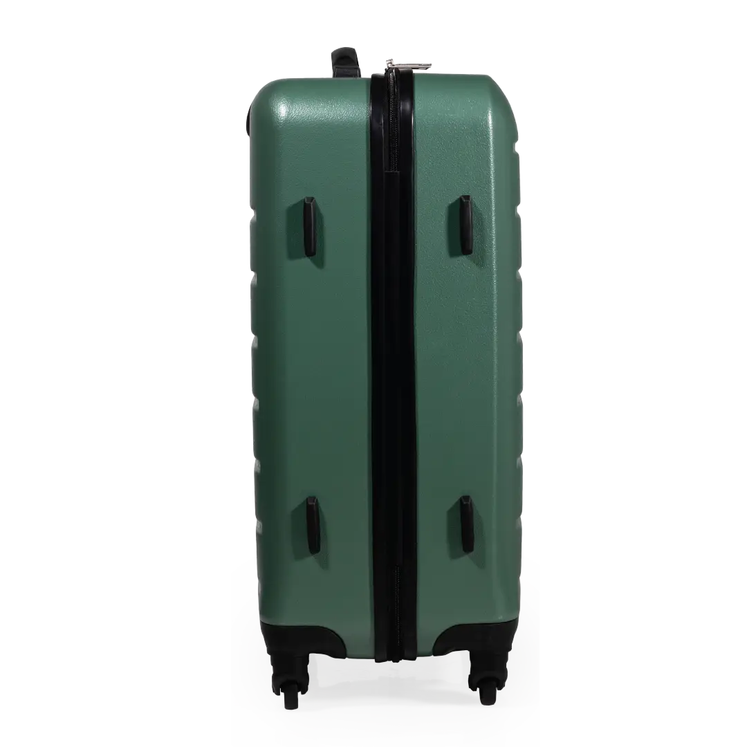 Green suitcase with black zipper on a white background