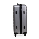 Silver suitcase with black handle and wheels on a white background