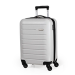 White suitcase with black wheels and handle on a white background