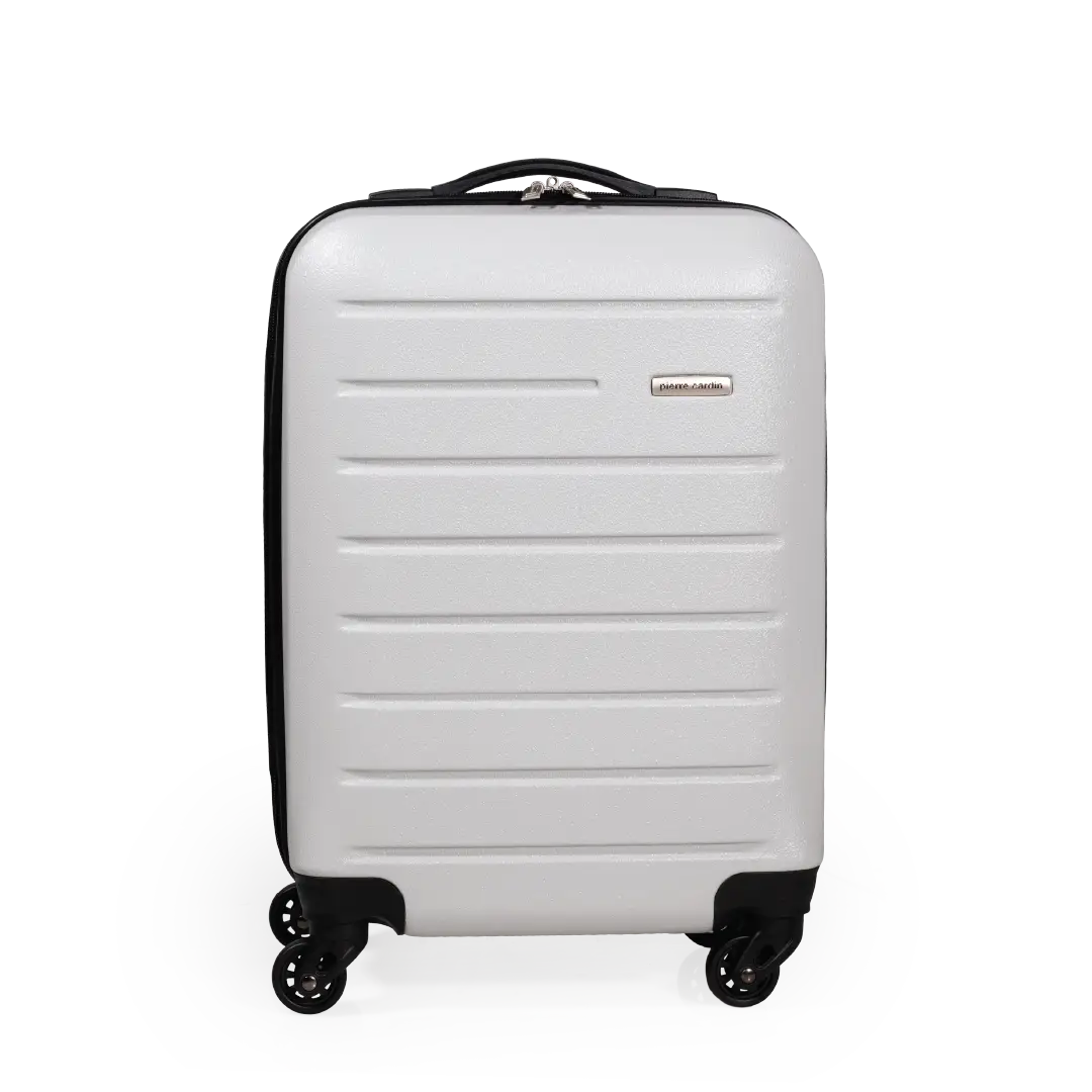White suitcase with black accents on a white background
