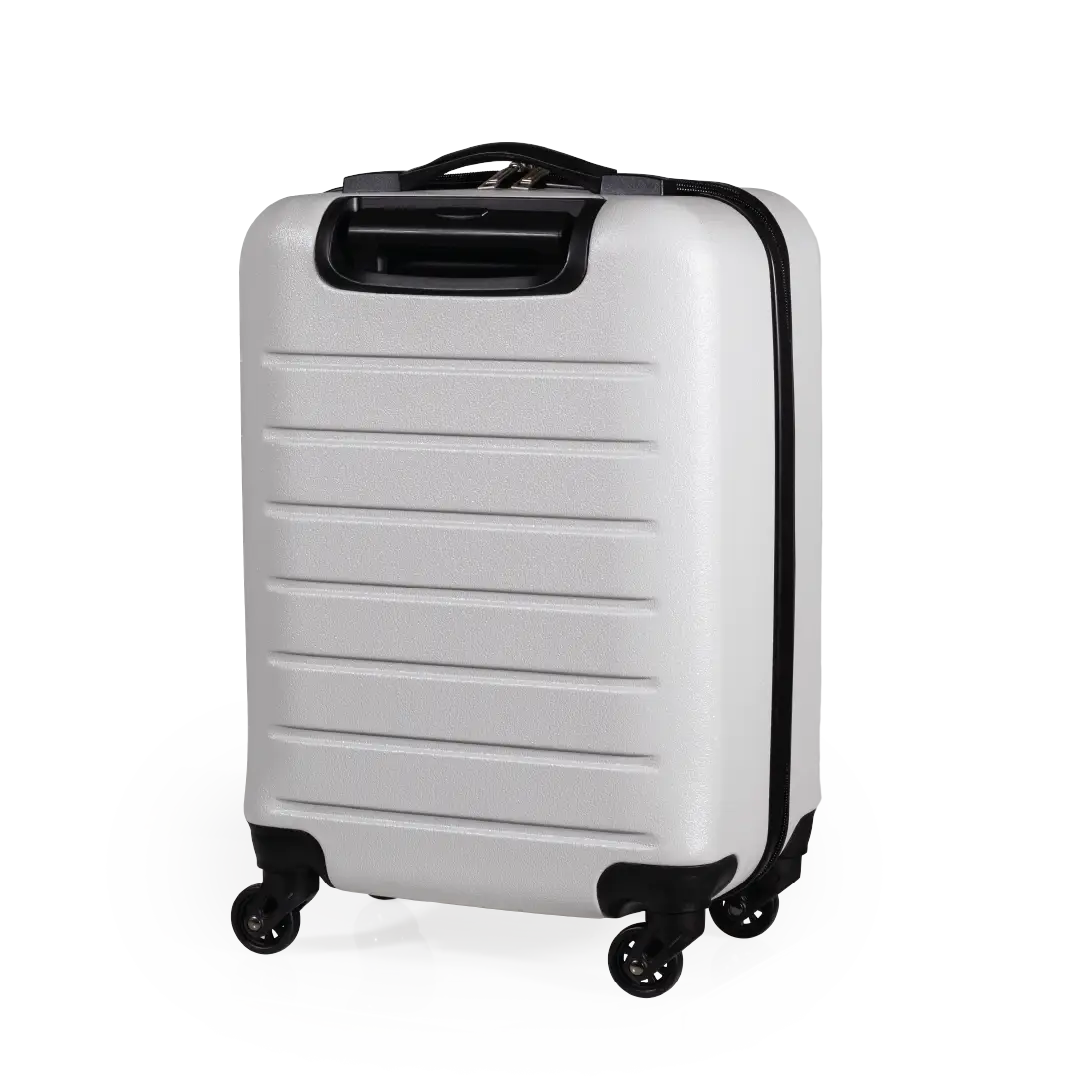 White suitcase with black wheels on a white background