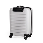 White suitcase with black wheels on a white background