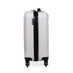 White suitcase with black accents on a white background