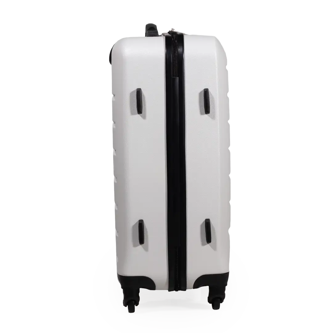 White suitcase with black accents on a white background
