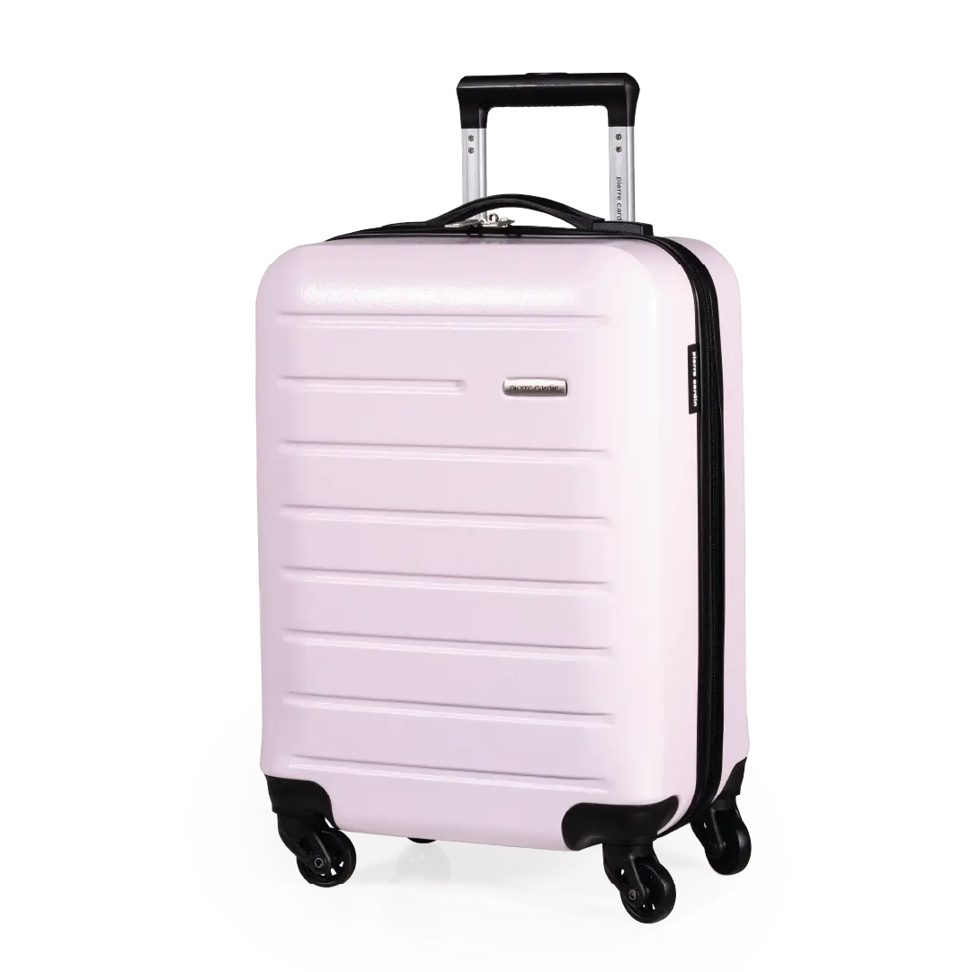 Pink suitcase with black wheels and handle on a white background