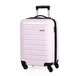 Pink suitcase with black wheels and handle on a white background
