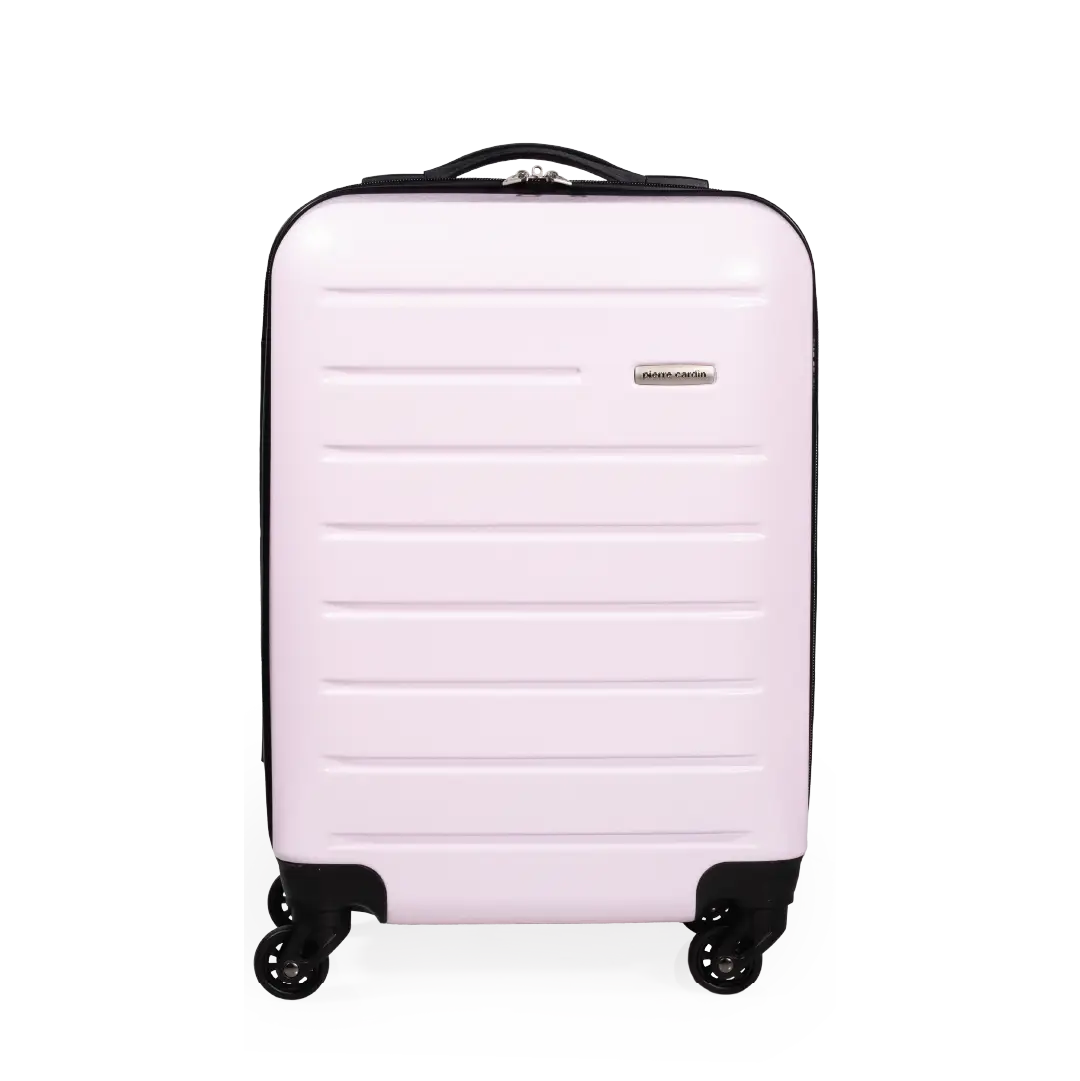 Pink suitcase with black wheels on a white background