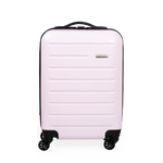 Pink suitcase with black wheels on a white background