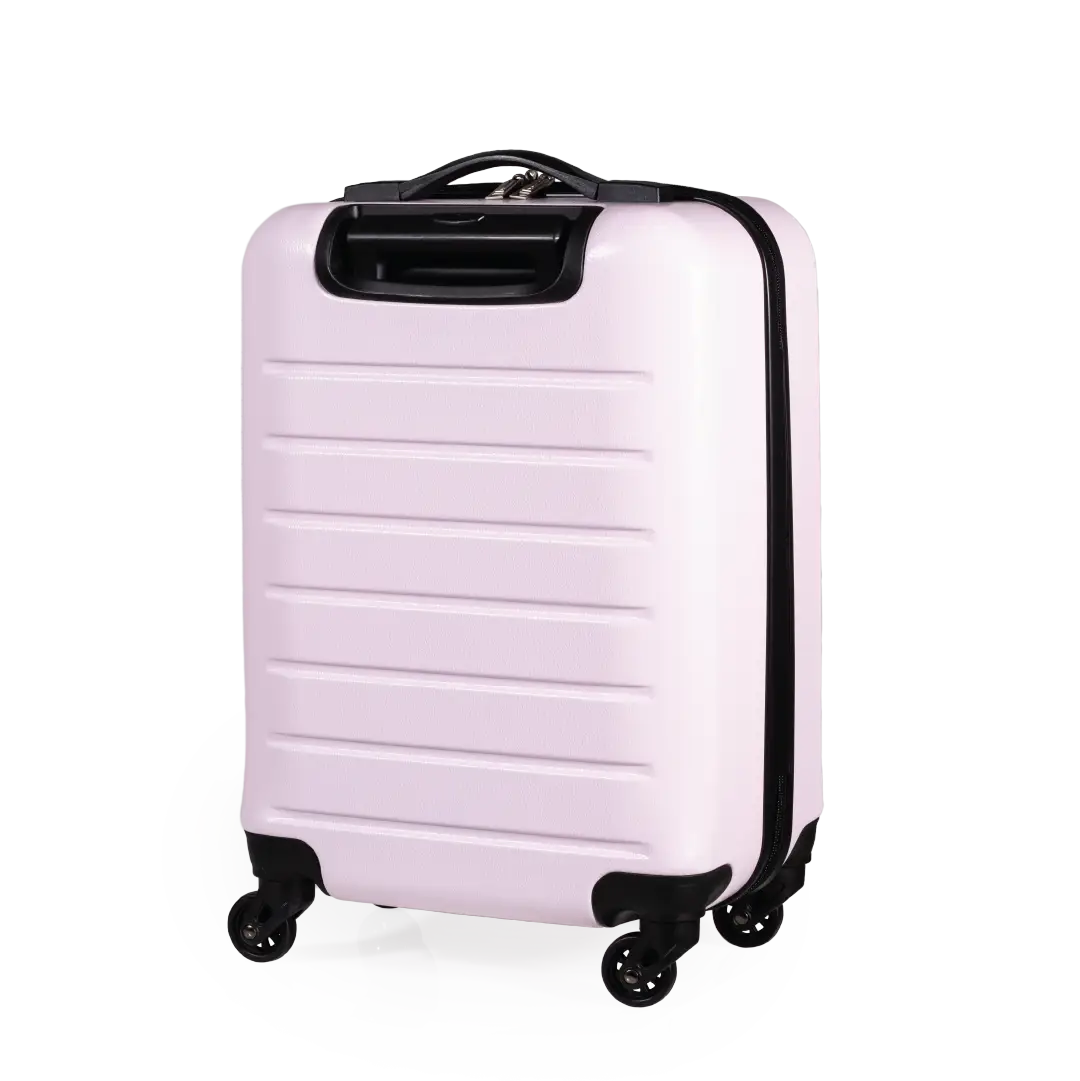 Pink suitcase with black wheels on a white background