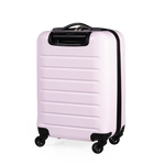 Pink suitcase with black wheels on a white background