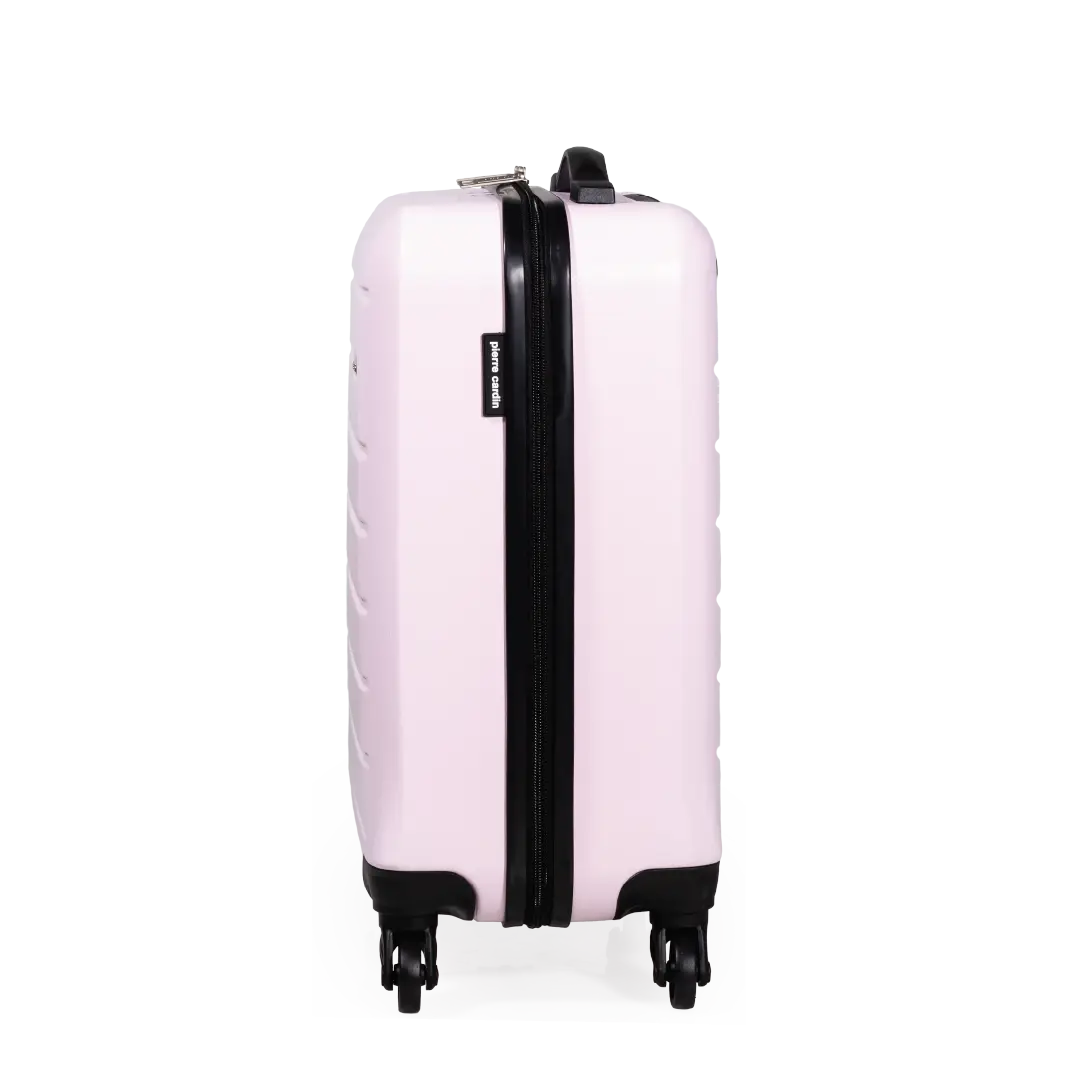 Pink suitcase with black handle and wheels on a white background