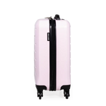 Pink suitcase with black handle and wheels on a white background
